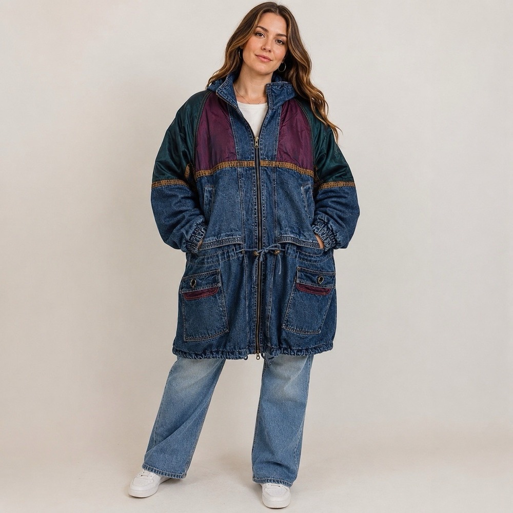 Vintage CBO New York Denim Parka Coat Women's Colorblock Zip Drawstring 90s